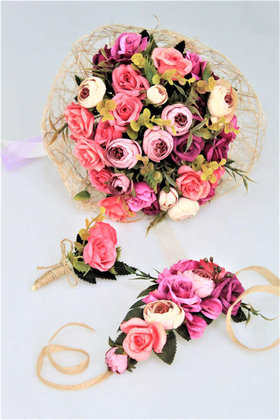 Gelin Çiçeği Valente 3lü Set (Gelin Buketi, Yaka Çiçeği ve Gelin Tacı) - 1