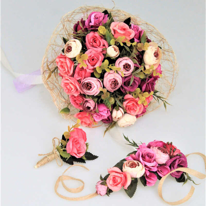 Gelin Çiçeği Valente 3lü Set (Gelin Buketi, Yaka Çiçeği ve Gelin Tacı) - 2
