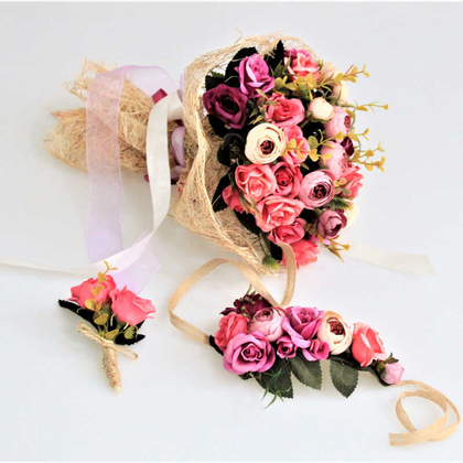 Gelin Çiçeği Valente 3lü Set (Gelin Buketi, Yaka Çiçeği ve Gelin Tacı) - 3
