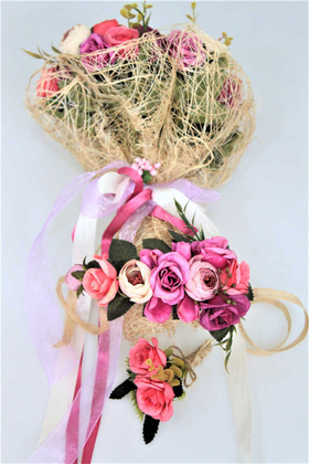 Gelin Çiçeği Valente 3lü Set (Gelin Buketi, Yaka Çiçeği ve Gelin Tacı) - 4