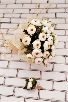 Gelin Buketi Zeugma Krem Şakayık Güller 2li Set (Gelin Buketi, Yaka Çiçeği) - 2