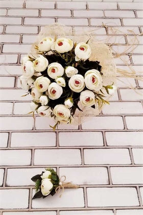 Gelin Buketi Zeugma Krem Şakayık Güller 2li Set (Gelin Buketi, Yaka Çiçeği) - 3