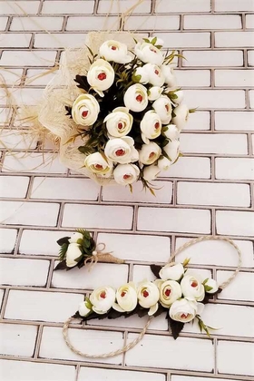 Gelin Buketi Zeugma Krem Şakayık Güller 3lü Set (Gelin Buketi, Gelin Tacı, Yaka Çiçeği) - 3