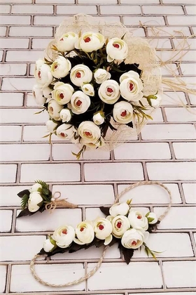 Gelin Buketi Zeugma Krem Şakayık Güller 3lü Set (Gelin Buketi, Gelin Tacı, Yaka Çiçeği) - 4