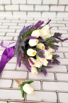 Gelin Buketi Zeyna 2li Set(Beyaz Islak Lale) - Yapay Çiçek Deposu