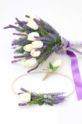 Gelin Buketi Zeyna 3lü Set(Beyaz Islak Lale) - 1