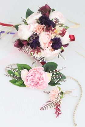 Gelin Çiçeği Bella 3lü Set (Gelin Buketi, Gelin Tacı, Yaka Çiçeği) - 2
