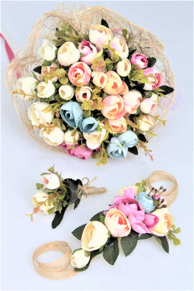 Gelin Çiçeği Flora 3lü Set (Gelin Buketi, Yaka Çiçeği ve Gelin Tacı) - 1