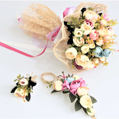 Gelin Çiçeği Flora 3lü Set (Gelin Buketi, Yaka Çiçeği ve Gelin Tacı) - 2
