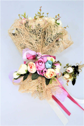 Gelin Çiçeği Flora 3lü Set (Gelin Buketi, Yaka Çiçeği ve Gelin Tacı) - 3