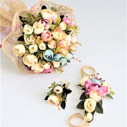Gelin Çiçeği Flora 3lü Set (Gelin Buketi, Yaka Çiçeği ve Gelin Tacı) - 4