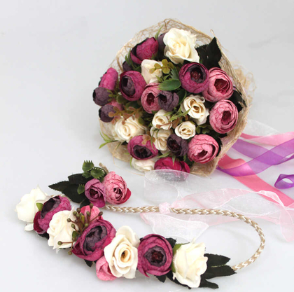 Gelin Çiçeği Ranya 3lü Set (Gelin Buketi, Yaka Çiçeği ve Gelin Tacı) - 2