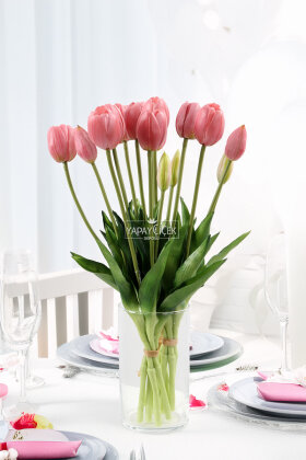 Gerçek Dokulu Lüx 5 Dallı Tulipa Lale Buketi Pastel Pembe - Yapay Çiçek Deposu