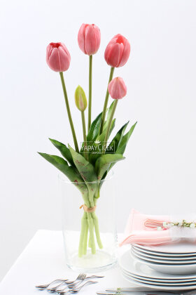 Gerçek Dokulu Lüx 5 Dallı Tulipa Lale Buketi Pastel Pembe - 2