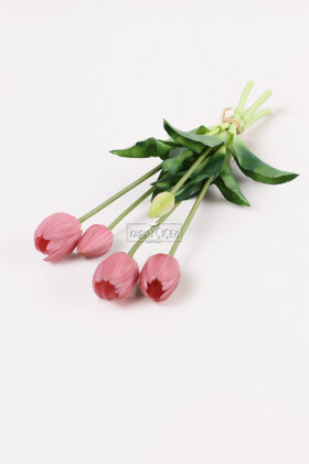 Gerçek Dokulu Lüx 5 Dallı Tulipa Lale Buketi Pastel Pembe - 3