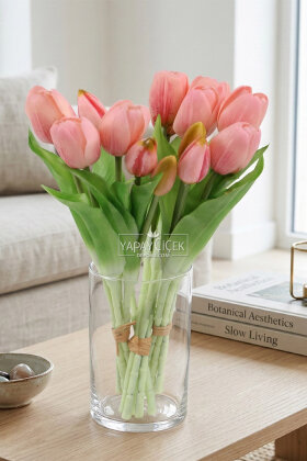 Gerçek Dokulu Lüx 5 Dallı Tulipa Lale Buketi Pastel Pembe - Yapay Çiçek Deposu