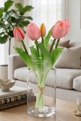 Gerçek Dokulu Lüx 5 Dallı Tulipa Lale Buketi Pastel Pembe - 2