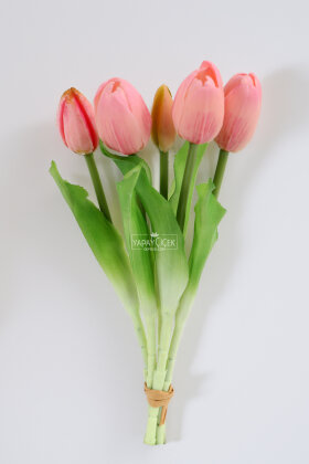 Gerçek Dokulu Lüx 5 Dallı Tulipa Lale Buketi Pastel Pembe - 3