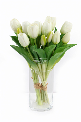 Gerçek Dokulu Lüx 5 Dallı Tulipa Lale Buketi Beyaz - 2