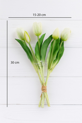 Gerçek Dokulu Lüx 5 Dallı Tulipa Lale Buketi Beyaz - 3