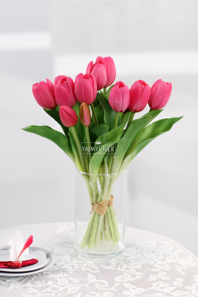Gerçek Dokulu Lüx 5 Dallı Tulipa Lale Buketi Fusya - 2