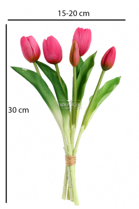 Gerçek Dokulu Lüx 5 Dallı Tulipa Lale Buketi Fusya - 3