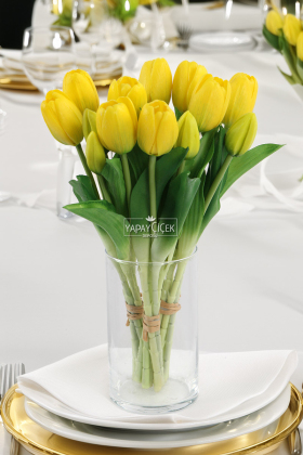 Gerçek Dokulu Lüx 5 Dallı Tulipa Lale Buketi Sarı - 2