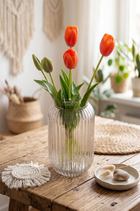 Gerçek Dokulu Lüx 5 Dallı Coquette Tulipa Lale Buketi Alev Turuncu - 2