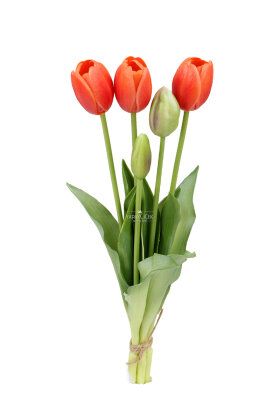 Gerçek Dokulu Lüx 5 Dallı Coquette Tulipa Lale Buketi Alev Turuncu - 3