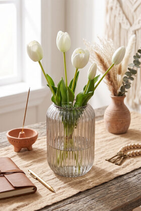 Gerçek Dokulu Lüx 5 Dallı Coquette Tulipa Lale Buketi Beyaz - 2