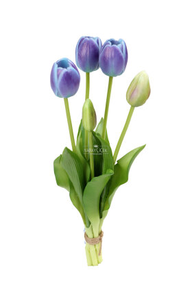 Gerçek Dokulu Lüx 5 Dallı Coquette Tulipa Lale Buketi Ebruli Mavi - 3
