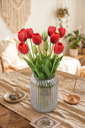 Gerçek Dokulu Lüx 5 Dallı Coquette Tulipa Lale Buketi Kırmızı - 2