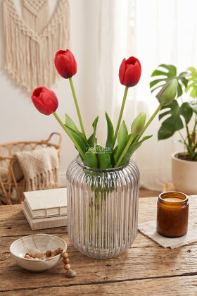 Gerçek Dokulu Lüx 5 Dallı Coquette Tulipa Lale Buketi Kırmızı - 3