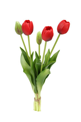 Gerçek Dokulu Lüx 5 Dallı Coquette Tulipa Lale Buketi Kırmızı - 4