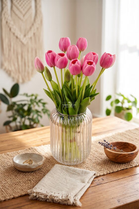 Gerçek Dokulu Lüx 5 Dallı Coquette Tulipa Lale Buketi Pembe - 2