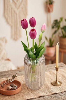 Gerçek Dokulu Lüx 5 Dallı Coquette Tulipa Lale Buketi Pembe - 3