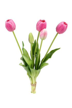 Gerçek Dokulu Lüx 5 Dallı Coquette Tulipa Lale Buketi Pembe - 4
