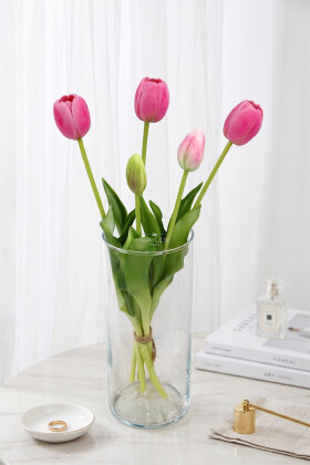 Gerçek Dokulu Lüx 5 Dallı Coquette Tulipa Lale Buketi Pembe - 1