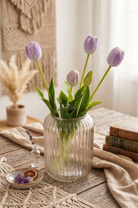 Gerçek Dokulu Lüx 5 Dallı Coquette Tulipa Lale Buketi Lila - 2