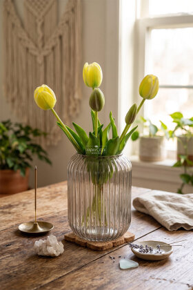 Gerçek Dokulu Lüx 5 Dallı Coquette Tulipa Lale Buketi Sarı - 2