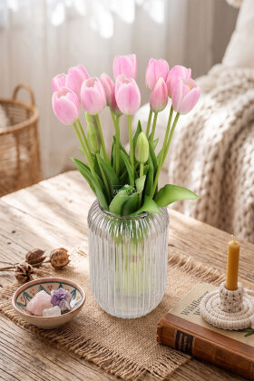 Gerçek Dokulu Lüx 5 Dallı Coquette Tulipa Lale Buketi Toz Pembe - Yapay Çiçek Deposu