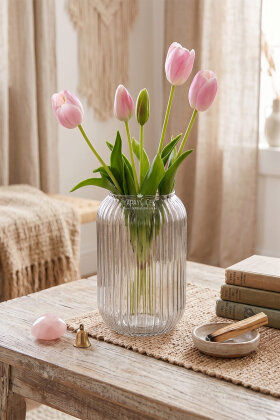 Gerçek Dokulu Lüx 5 Dallı Coquette Tulipa Lale Buketi Toz Pembe - 2