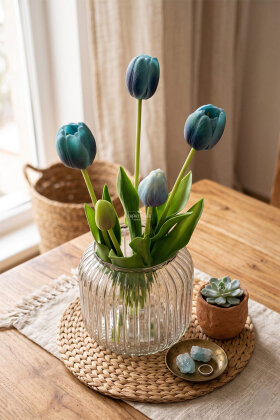 Gerçek Dokulu Lüx 5 Dallı Coquette Tulipa Lale Buketi Turkuaz - 2