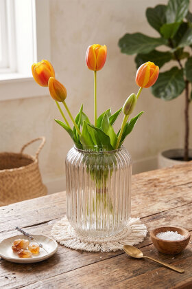 Gerçek Dokulu Lüx 5 Dallı Coquette Tulipa Lale Buketi Turuncu - 2
