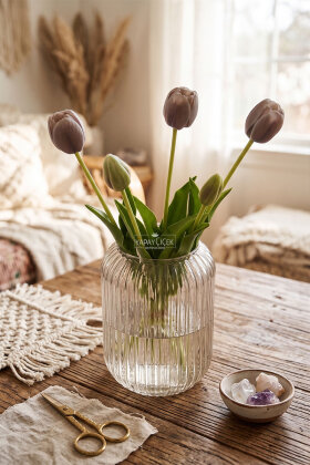 Gerçek Dokulu Lüx 5 Dallı Coquette Tulipa Lale Buketi Vizon Gri - 2