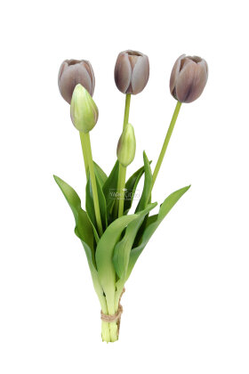 Gerçek Dokulu Lüx 5 Dallı Coquette Tulipa Lale Buketi Vizon Gri - 3
