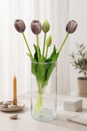 Gerçek Dokulu Lüx 5 Dallı Coquette Tulipa Lale Buketi Vizon Gri - Yapay Çiçek Deposu