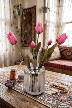 Gerçek Dokulu Premium 5 Dallı İstanbul Lale Buketi 45 cm Pembe - 4
