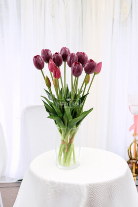 Gerçek Dokulu Lüx 5 Dallı Tulipa Lale Buketi Mürdüm - Yapay Çiçek Deposu