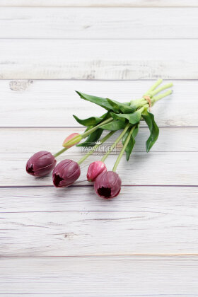 Gerçek Dokulu Lüx 5 Dallı Tulipa Lale Buketi Mürdüm - 3